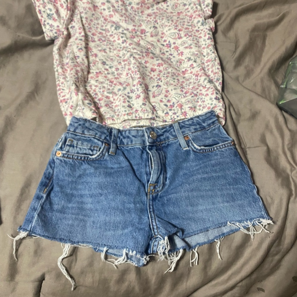 Floral Print Kids Matching Set with Denim Shorts